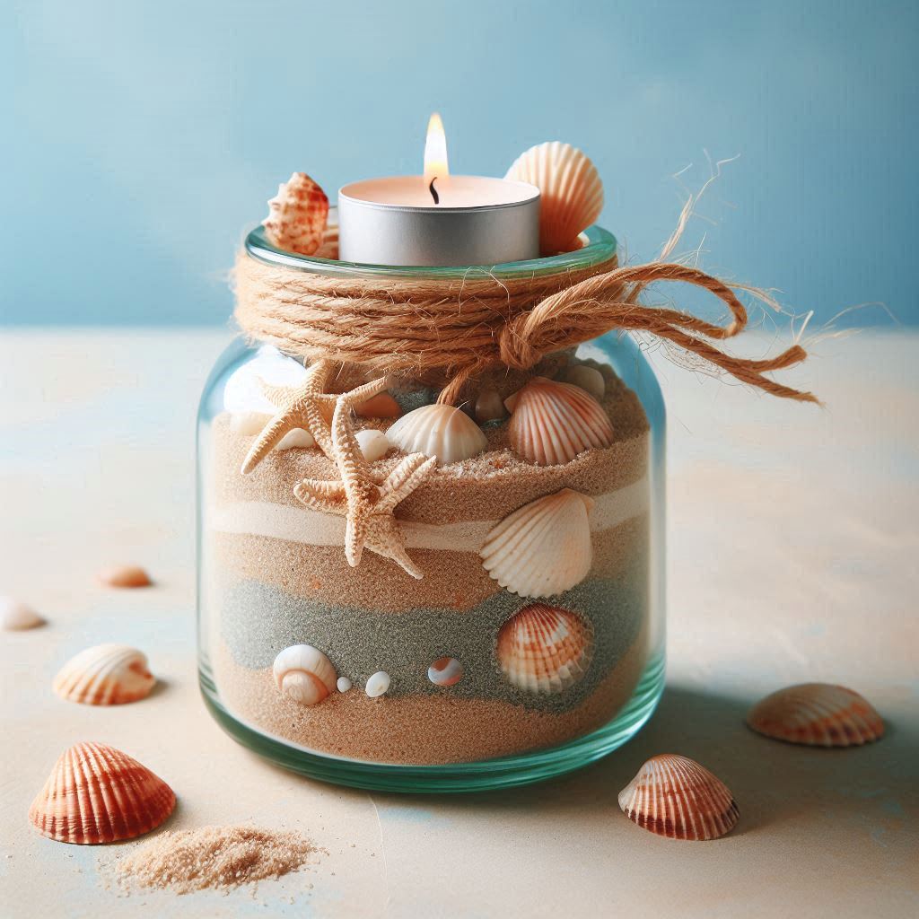 A tall glass jar filled with layers of fine sand, tiny seashells, and a few small pebbles, recreating a mini beach scene. Place a small tealight candle on top of the sand for added ambiance. The outside of the jar is decorated with natural raffia wrapped around the neck and a few tiny shells glued to it. Set it against a soft blue background for a coastal vibe.