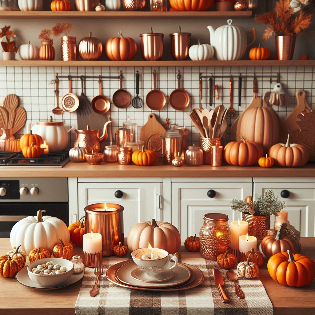 A cozy kitchen decorated entirely with pumpkin-themed items: small orange and white pumpkins on the shelves, pumpkin-spice candles on the counter, and pumpkin-shaped kitchenware. Copper accents are sprinkled throughout, and a plaid table runner brings a warm, seasonal feel.