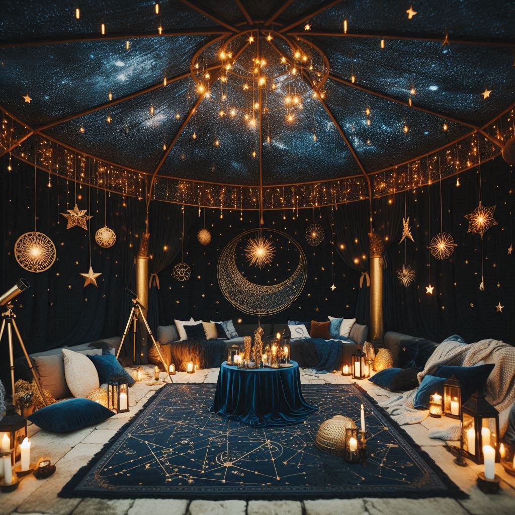 A celestial-themed pavilion with dark blue and gold decor, starry string lights, constellation patterns, candle-lit star lanterns, moon phase centerpieces, cushions, blankets, and telescopes.