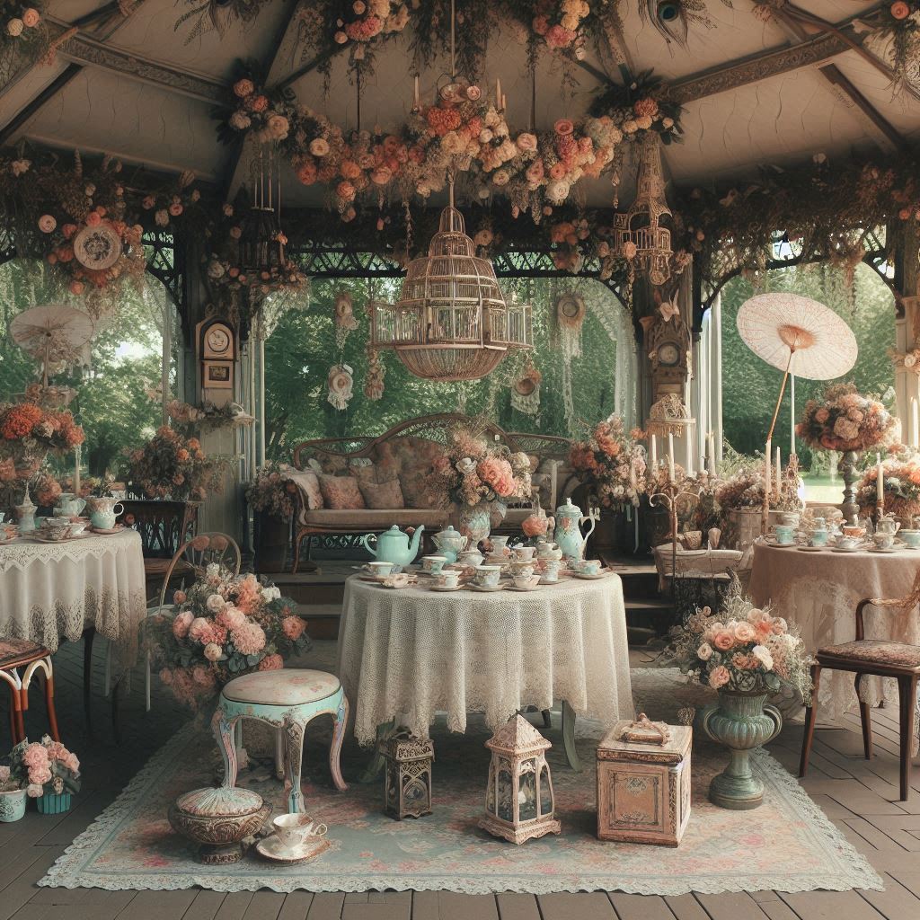A pavilion decorated in an old-fashioned garden tea party style, with vintage teacups, delicate lace tablecloths, and pastel-colored florals. Antique furniture pieces like mismatched chairs and small side tables create a whimsical feel. Birdcages, candles, and parasols hang from the ceiling, while floral garlands drape from the edges.