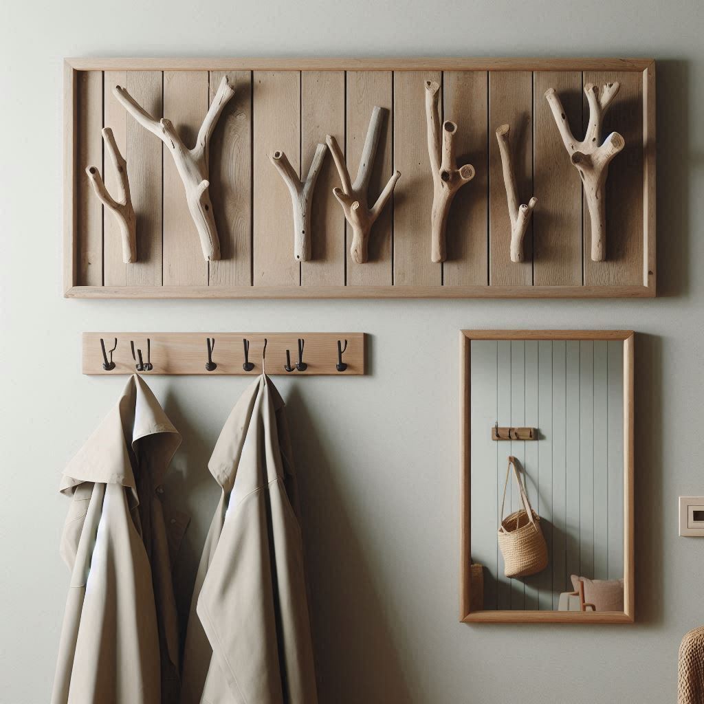 A minimalist entryway with a row of driftwood wall hooks used for hanging coats, bags, and hats. The driftwood hooks are mounted on a simple wooden panel, giving the space a coastal, rustic touch. Above, a small mirror with a wooden frame completes the decor.