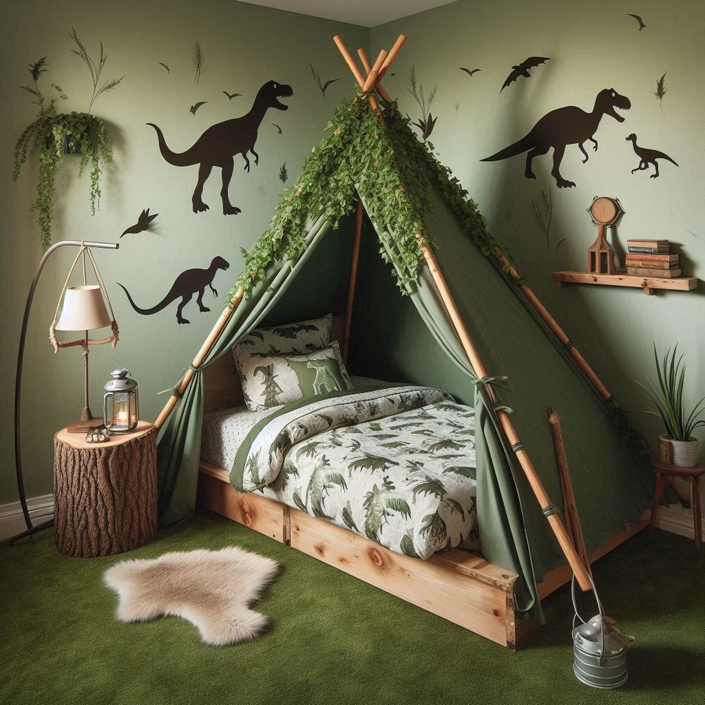 A camping theme mixed with dinosaurs, designed to look like a tented camp in the dino wilderness. The bed is built into a wooden tent frame with dino-print bedding and faux ivy wrapped around the tent poles. A nightstand shaped like a tree stump holds a small lantern. The walls are a soft earthy green with silhouettes of dinosaurs. A faux grass rug and a hanging hammock chair complete the camp-inspired look, bringing the great outdoors inside.
