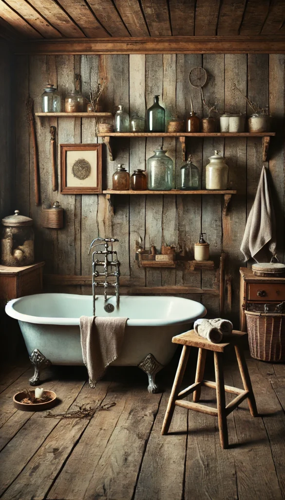A primitive-style bathroom with a vintage clawfoot bathtub, distressed wooden shelves, and rustic metal fixtures. The walls are made of weathered wood, giving a farmhouse vibe. The decor includes antique jars, handmade soap, and simple linen towels. There is a wooden stool holding small vintage accessories. The atmosphere is earthy and minimalistic with muted lighting. Vertical format for Pinterest board.