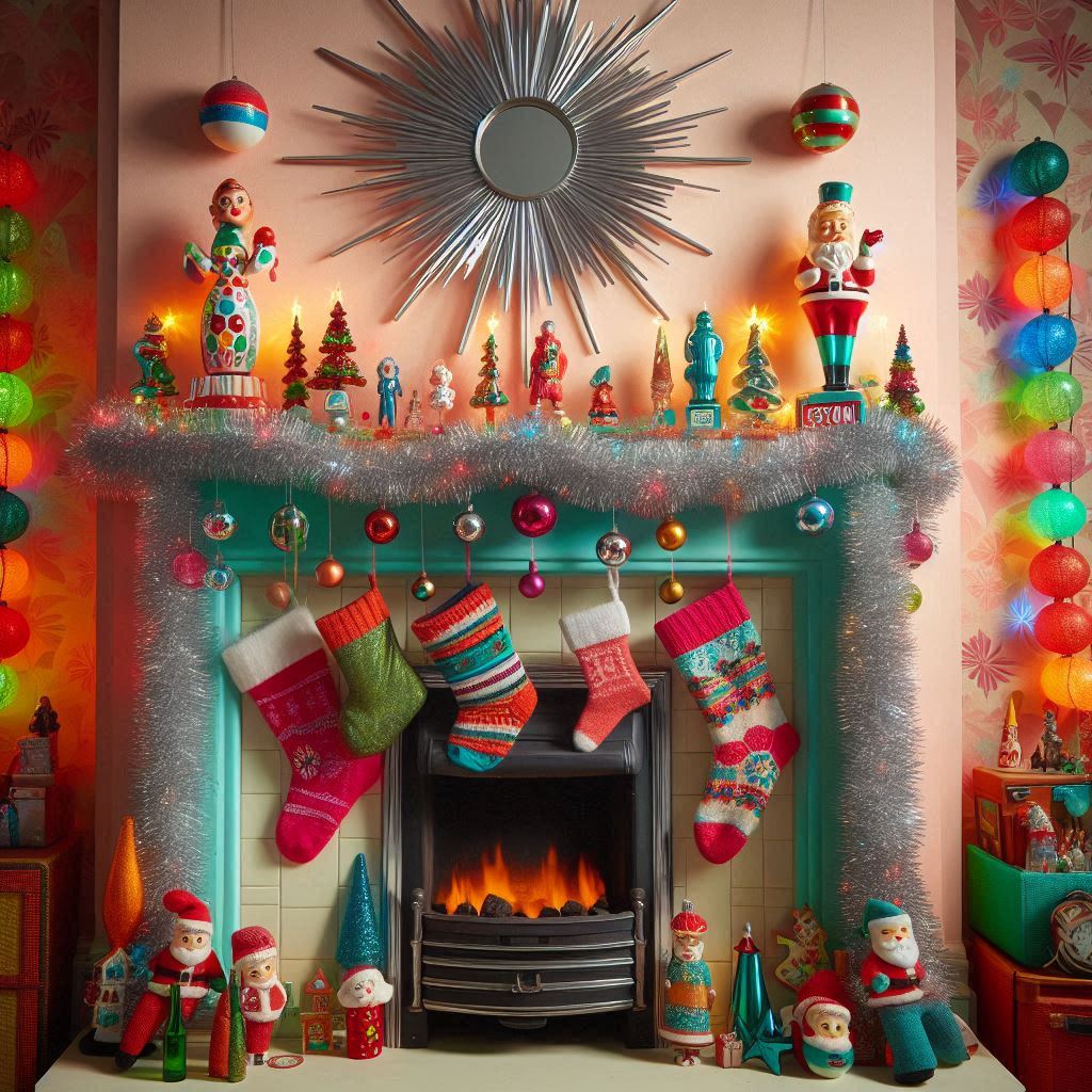 A vintage, 1950s-inspired Christmas fireplace full of bright, retro colors. The mantle is decorated with shiny tinsel garlands, colorful glass ornaments in bold reds, greens, and blues, and a few retro figurines like Santa, snowmen, and reindeer. Brightly patterned stockings hang from the mantle, and above, a retro-inspired holiday sign or starburst mirror brings back mid-century charm. A string of multi-colored, large-bulb lights adds to the nostalgic, fun look.