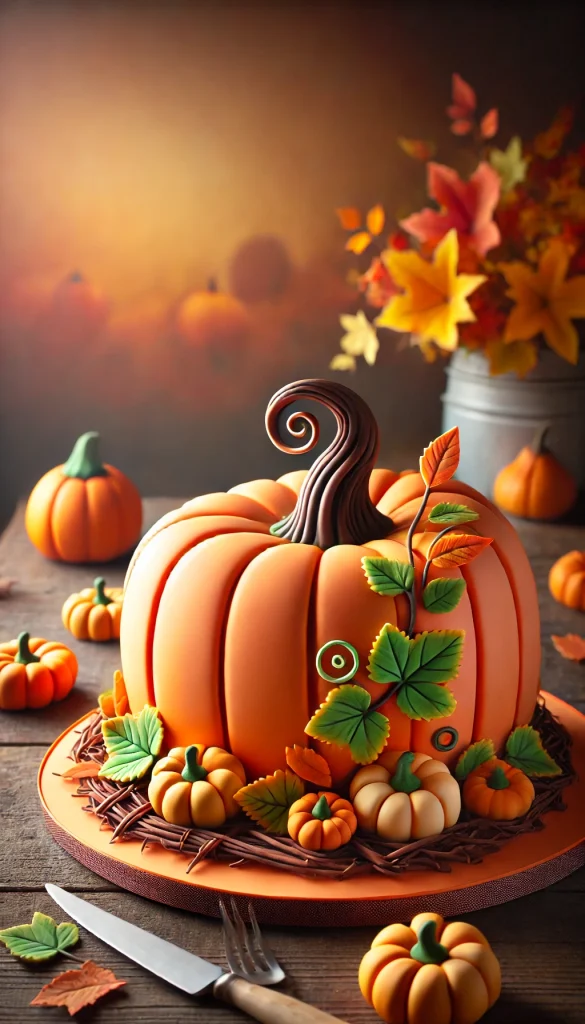 A whimsical fall cake with a pumpkin-shaped design, covered in orange fondant with subtle grooves to mimic a real pumpkin. The top is adorned with a twisted edible chocolate stem and leaves in shades of green and yellow. Around the base, there's a scattering of edible autumn leaves and mini pumpkins. The background hints at a cozy harvest scene, softly blurred with warm tones. Perfect for a fun fall celebration. Vertical format for Pinterest.