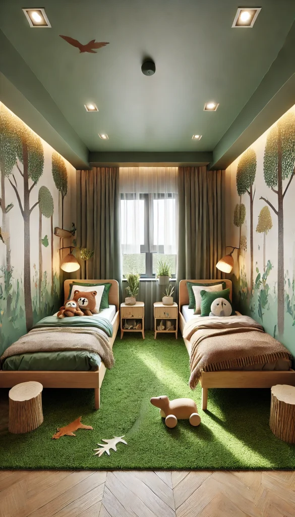 A shared bedroom for siblings with a nature-inspired theme, featuring two twin beds with green and brown bedding. The walls are painted with tree and forest murals, and each bed has a small animal-themed pillow. Between the beds, there is a small wooden nightstand with a lamp shaped like a tree stump. The floor has a grassy textured rug, and there are shelves with plant pots and nature books. A large window with light curtains gives a view of greenery outside, enhancing the room's natural vibe.