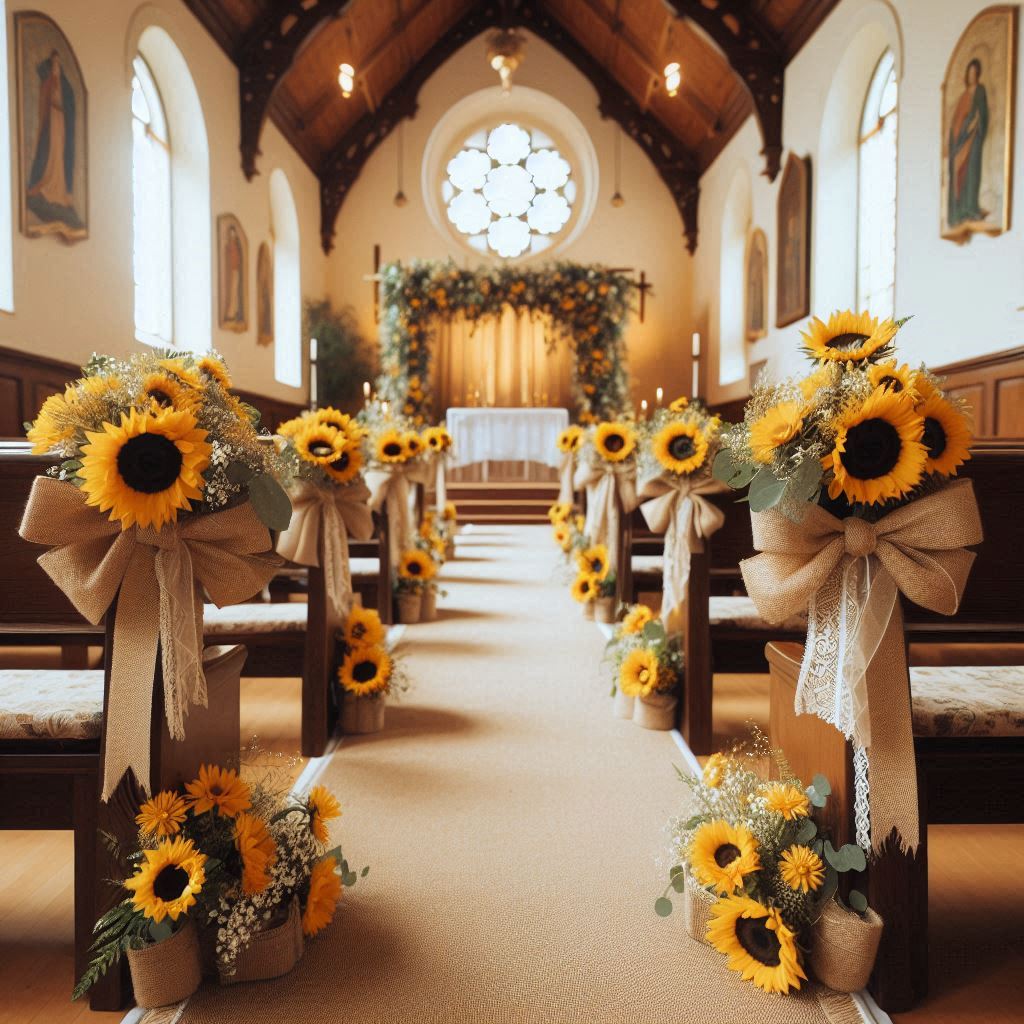 A cheerful sunflower-themed church wedding setup with sunflowers, daisies, and rustic burlap. Sunflower arrangements line the pews, and burlap bows with lace accents are tied along the aisle. The altar is decorated with a simple wooden arch covered in sunflowers and greenery, creating a warm, sunny vibe.