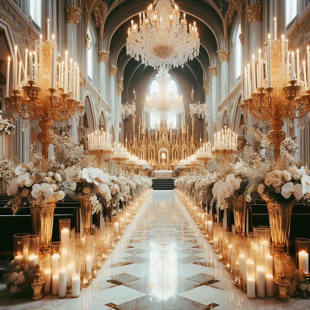 Luxurious church wedding decorations with gold and crystal accents. Crystal chandeliers hanging above the altar, tall golden candelabras with white candles on either side, and opulent floral arrangements with white orchids, roses, and eucalyptus. Each pew is adorned with gold ribbon, and the aisle is lined with floating candles.