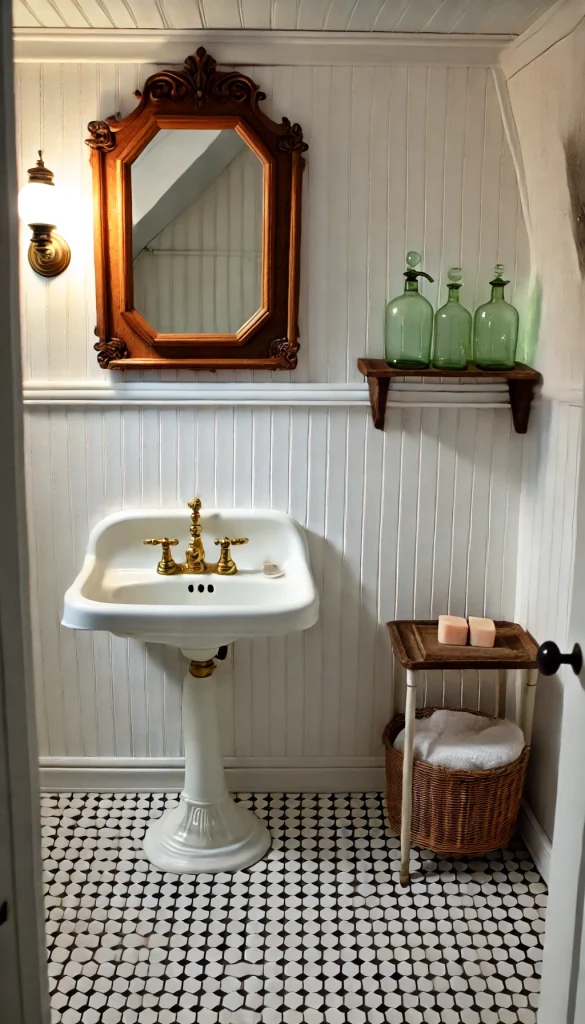 A charming small vintage bathroom with white beadboard walls, an antique wooden mirror, and a porcelain pedestal sink. There are vintage glass bottles arranged on a small metal shelf, and a brass soap dish holding a bar of handmade soap. The floor is tiled in small black and white hexagons, and thereβs a basket with hand towels next to the sink. The lighting is soft, enhancing the nostalgic, cozy ambiance. Create the image in a vertical format, 1024x1792.