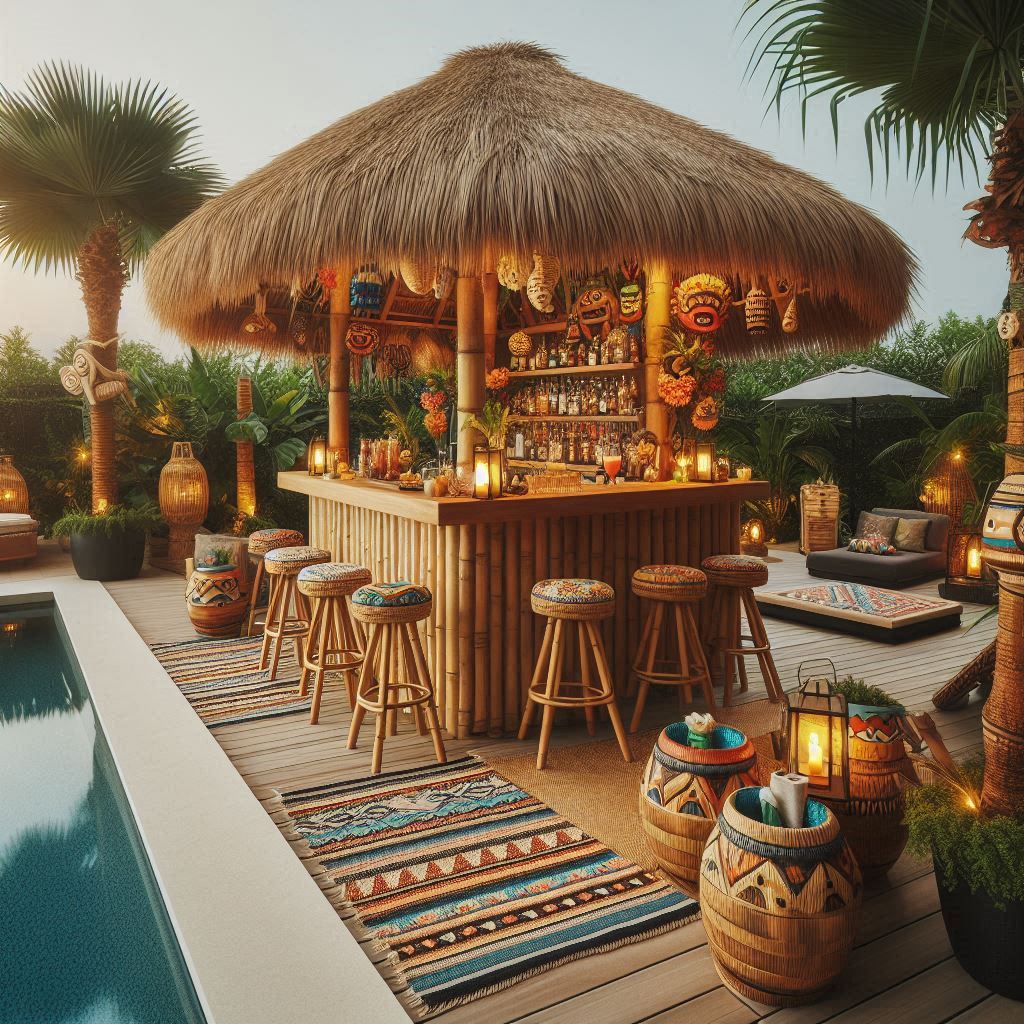 A poolside tiki bar cabana with straw thatched roofing, bamboo stools, tiki mugs, and tropical decor. Potted palms line the poolside, with woven mats underfoot, tiki torches around the pool, and bright lanterns illuminating the space as the sun sets.