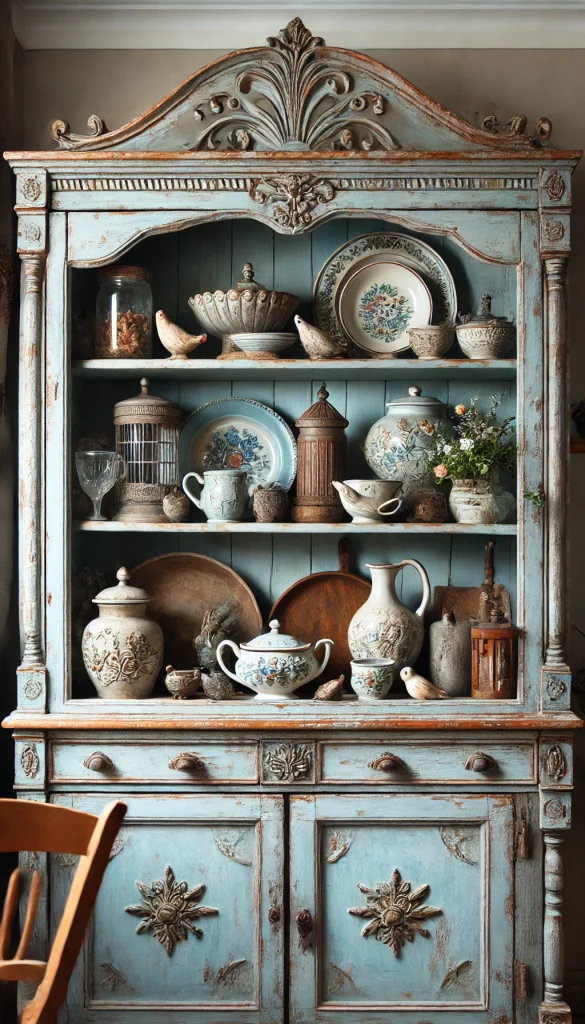 A vintage-style china cabinet with a distressed blue finish, featuring a mix of rustic and antique dishes, jars, and wooden accents. Small ceramic birds and flowers are placed on the shelves, adding a whimsical, charming feel to the decor. The cabinet exudes a cozy, cottagecore atmosphere.
