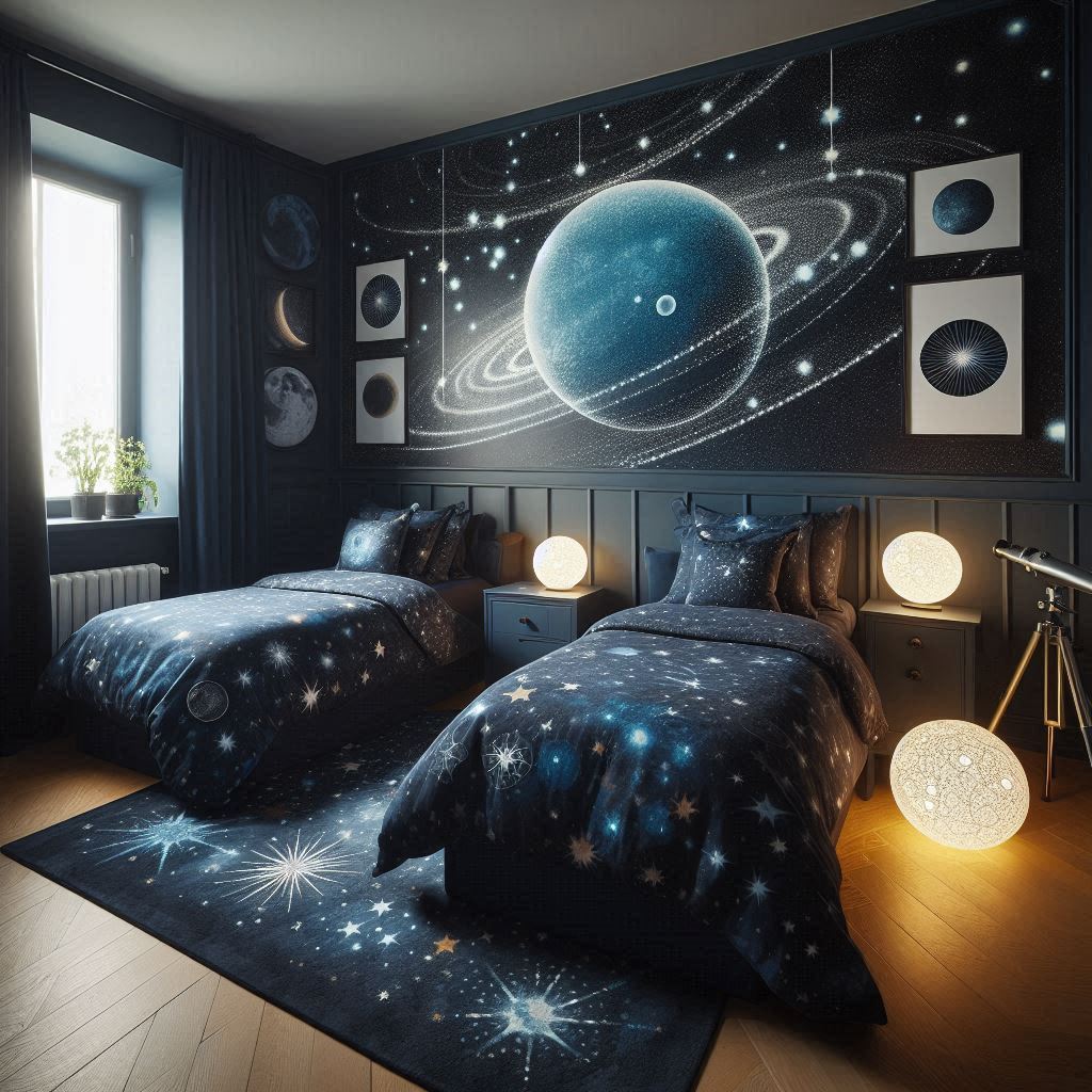 A twin bedroom for space enthusiasts with beds in dark blue bedding patterned with stars and planets. The walls are decorated with a large glow-in-the-dark solar system decal and framed images of galaxies. Between the beds is a nightstand with a small, spherical lamp resembling a planet. A dark rug with star patterns and a telescope by the window complete the celestial vibe.