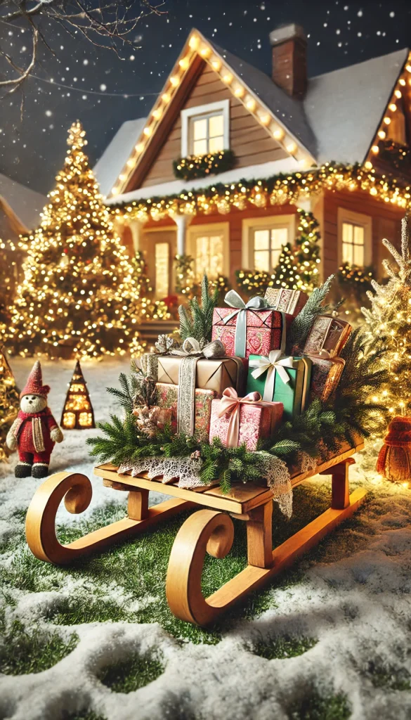 A whimsical outdoor Christmas display featuring a DIY sleigh made from wood, filled with colorful wrapped gifts and pine branches. The sleigh is placed on a snowy lawn, with twinkling lights draped over it, creating a magical holiday scene. Surrounding the sleigh are small Christmas trees decorated with homemade ornaments. In the background, a quaint house is softly lit, adding to the festive atmosphere. This image conveys a sense of joy and creativity in outdoor Christmas decorating.