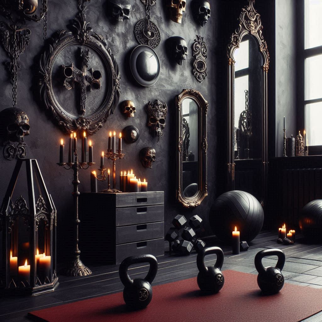 A unique gym aesthetic with dark, moody tones, black walls, and antique-style details. Show wrought iron accents, candles, skull-shaped kettlebells, and ornate mirrors. Add a few gothic art pieces, dark wood furniture, and deep red or black mats for an unconventional, edgy gym vibe.