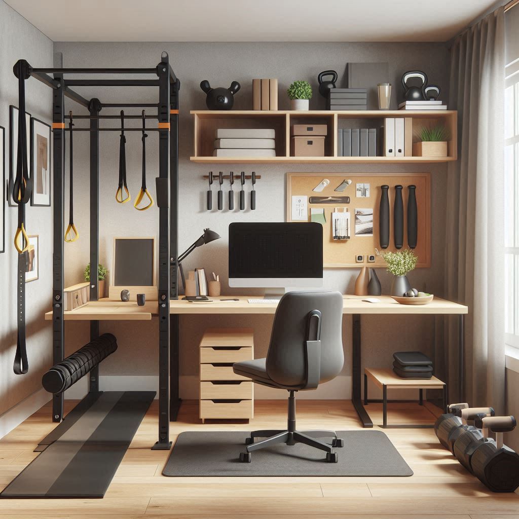 A smartly designed home office that doubles as a workout space, perfect for remote workers. Show a desk setup on one side with a pull-up bar, resistance bands, and weights neatly stored on the other. Add a yoga mat and a small foldable treadmill. The decor is practical yet stylish, with ergonomic furniture and wall organizers.