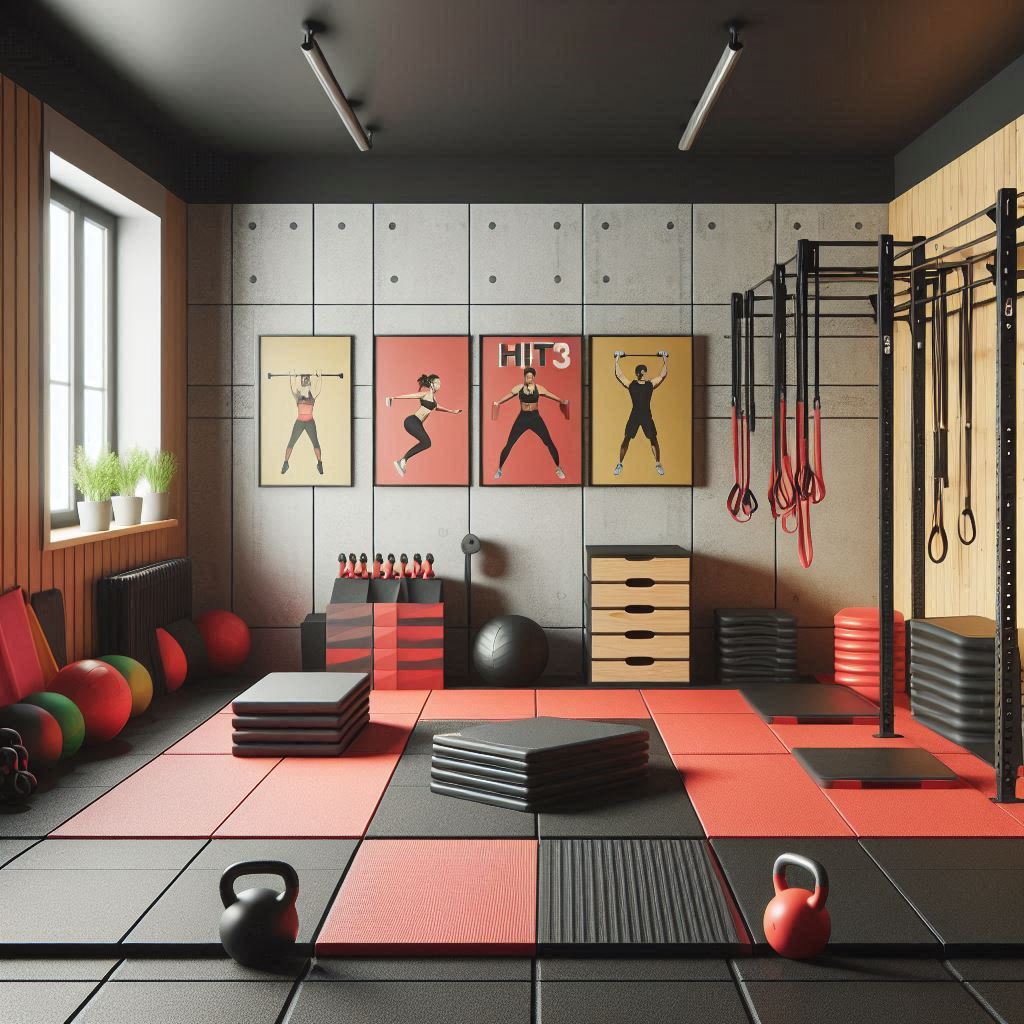 A small, efficient gym room designed for high-intensity training, with mats, plyo boxes, and kettlebells. It includes wall-mounted racks for resistance bands and jump ropes, with durable rubber flooring for impact. Use vibrant colors like red and black for a bold look, with wall art displaying HIIT workout inspirations.