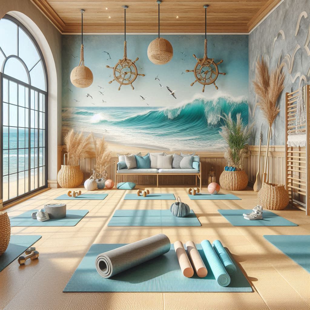 An indoor gym inspired by the beach, with sandy beige flooring, light blue walls, and nautical decor. Wall art with ocean waves, wicker baskets, and driftwood accents. Equipment like foam rollers, mats, and light dumbbells. A large window or mural showing an ocean view.
