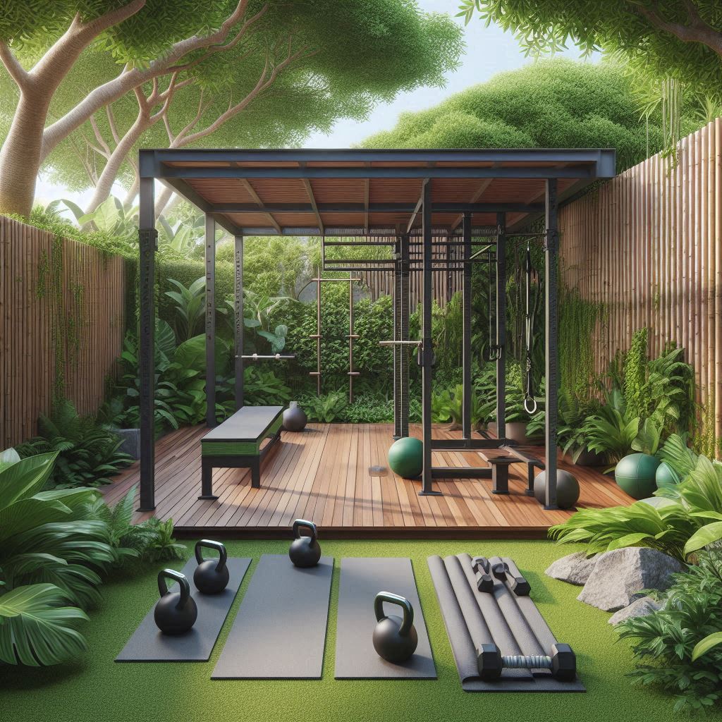 A lush, outdoor gym setup surrounded by greenery, with gym equipment placed on a wooden deck or concrete patio. Show kettlebells, yoga mats, and a pull-up bar integrated into the natural landscape. Include bamboo dividers for privacy and a small shaded area with a canopy or pergola for sunny days.