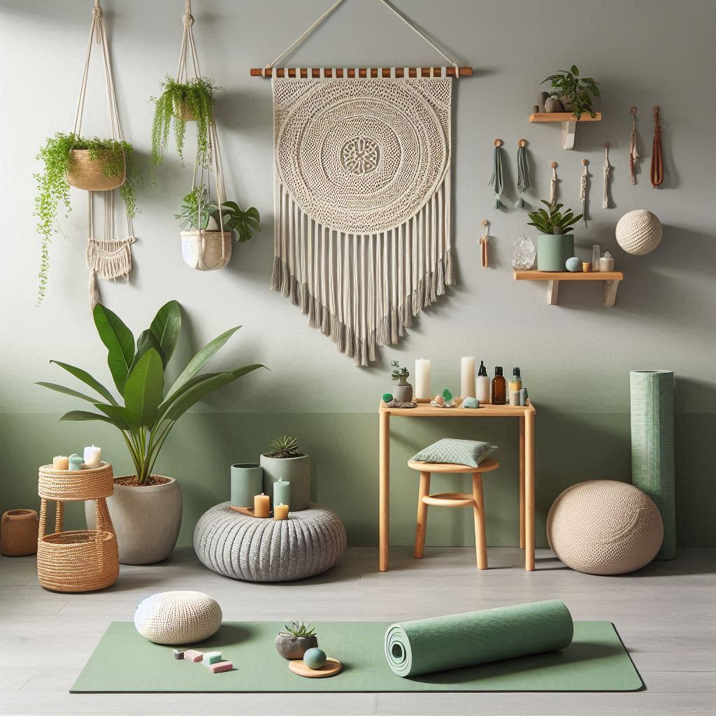 A serene, nature-inspired gym room with a focus on yoga and meditation. Use a soft color palette with light greens and earthy tones. Show yoga mats, meditation cushions, essential oil diffusers, and hanging plants. One wall should be decorated with macramé art, and theres a corner with a floor cushion and small bamboo table holding crystals and candles.