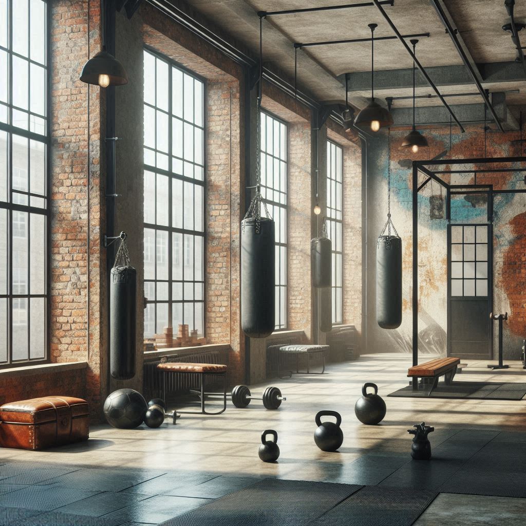 An urban loft-style gym in an open space with exposed brick walls and metal accents. Show large, metal-framed windows with natural light, concrete flooring, and vintage-style gym equipment like kettlebells, boxing bags, and weights. Add an accent wall with graffiti art and some leather furniture, like a vintage bench, to enhance the industrial vibe.