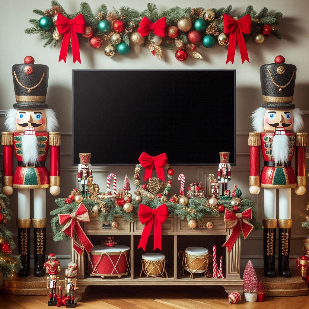A festive TV stand decorated with a nutcracker theme, featuring traditional red, green, and gold accents. The setup includes a pair of large nutcracker figurines flanking the TV, a garland with gold ribbons and red bows, and small nutcracker ornaments scattered along the stand. A few red-and-white candy canes, drum-shaped ornaments, and a tiny drum set complete the decor, making it feel playful and traditional.