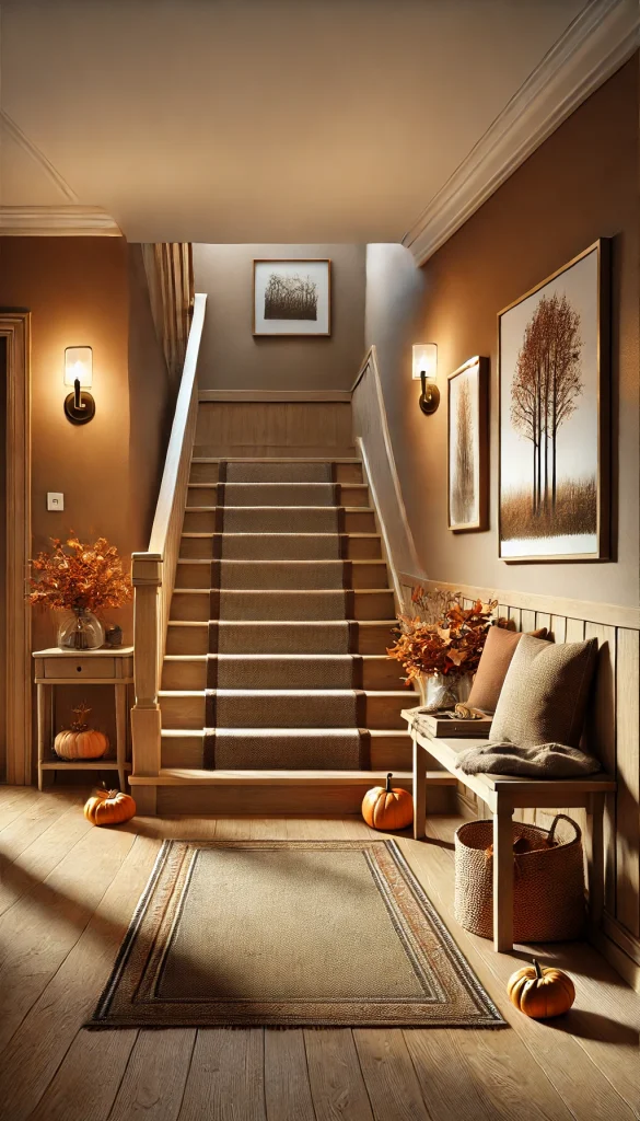 Warm, inviting hallway with a wooden staircase and cozy autumnal decor. The stairs have a runner rug in earthy tones, and the walls are decorated with framed nature prints. A small wooden bench with cushions sits near the staircase, with a few autumn leaves and pumpkins placed around for a seasonal touch. Soft wall sconces illuminate the space.