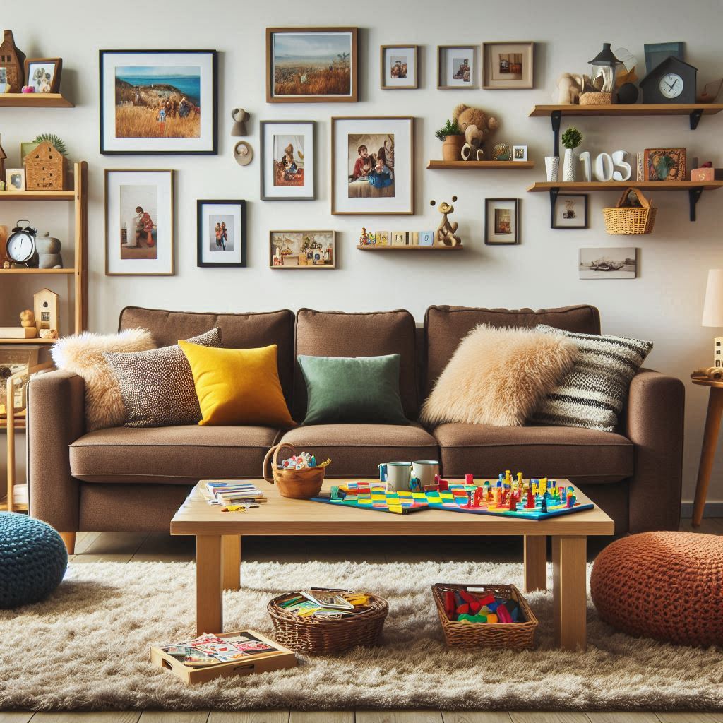 A family-friendly living room with a cozy brown fabric sofa, surrounded by playful decor. Incorporate colorful throw pillows and a soft, shaggy rug. A large coffee table features board games and a snack basket, while wall shelves display family photos and cherished mementos, creating a warm atmosphere.
