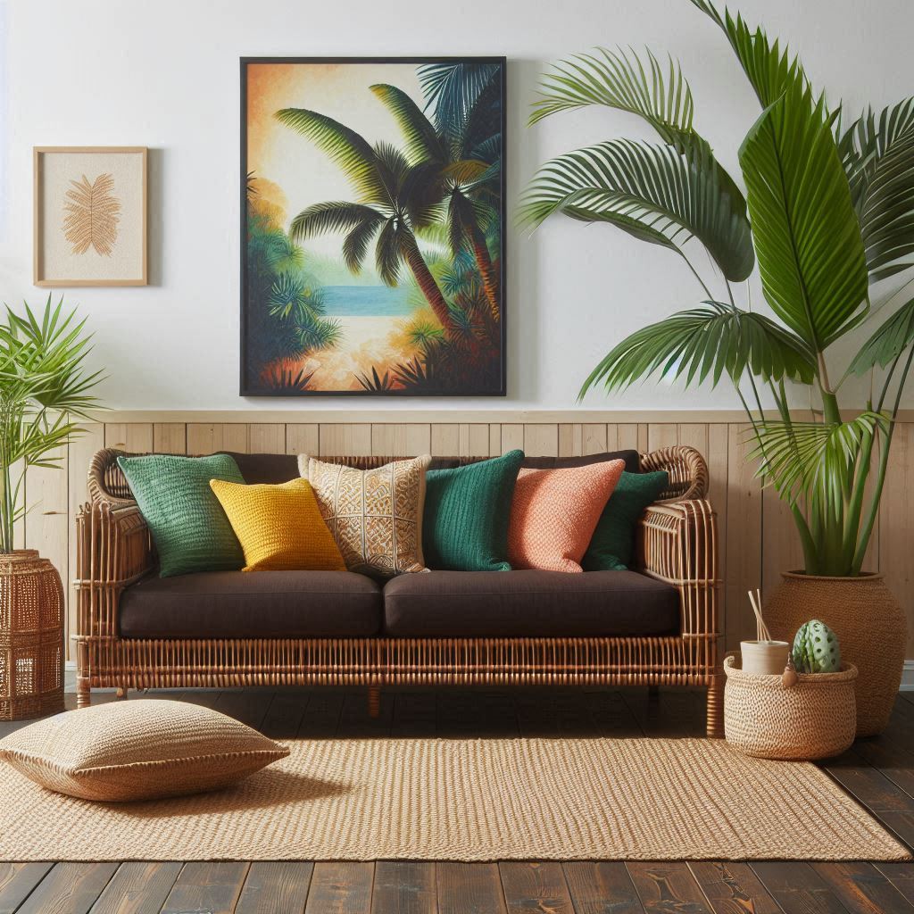 A tropical-inspired living room with a dark brown rattan sofa adorned with bright, colorful cushions. The room features bamboo accents, a large palm plant in the corner, and wooden decor elements. Use a natural fiber rug to tie the space together and incorporate artwork depicting tropical scenes for added flair.