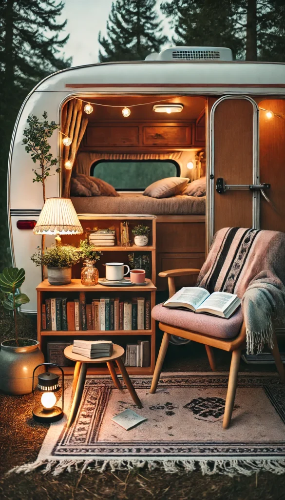 A cozy, intimate RV campsite setup with a book lover’s theme. The RV has a mini bookshelf on the side, and there’s a comfy armchair with a reading lamp. A small table is set with tea, books, and a pair of glasses. Soft string lights add to the cozy ambiance, and potted plants create a natural, peaceful environment for a perfect evening read.
