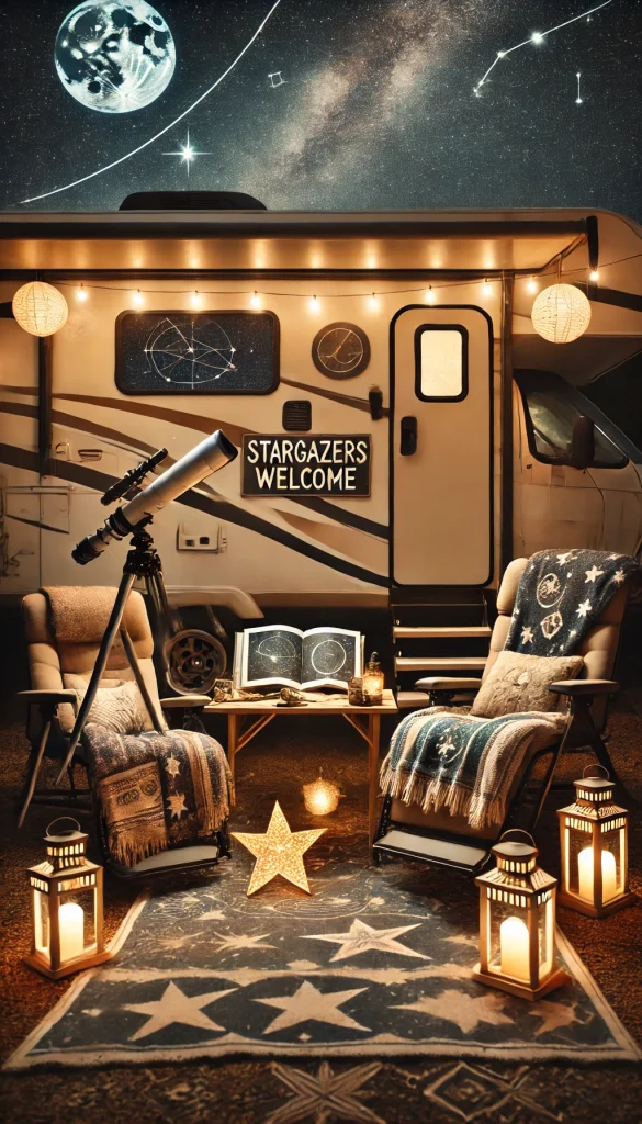 An RV campsite decorated for stargazing, featuring telescopes set up on a small table with astronomy books and star maps. Cozy blankets and reclining chairs are laid out, facing a clear night sky. The RV is adorned with glow-in-the-dark stars and a 'Stargazers Welcome' sign. Soft lanterns provide ambient lighting, creating a peaceful, celestial atmosphere.