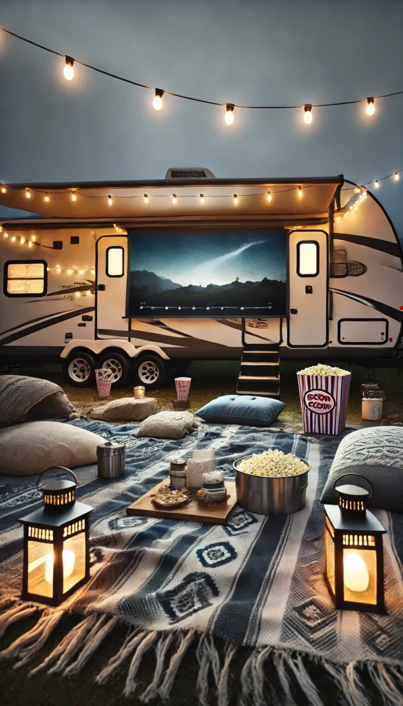 An RV campsite with a movie night setup, featuring a portable projector screen in front of the RV. Cozy blankets and pillows are laid out in front of the screen with popcorn bowls and snacks. String lights and lanterns create a soft glow, and the RV has small movie-themed decorations. The setting is perfect for an outdoor cinema experience under the stars.
