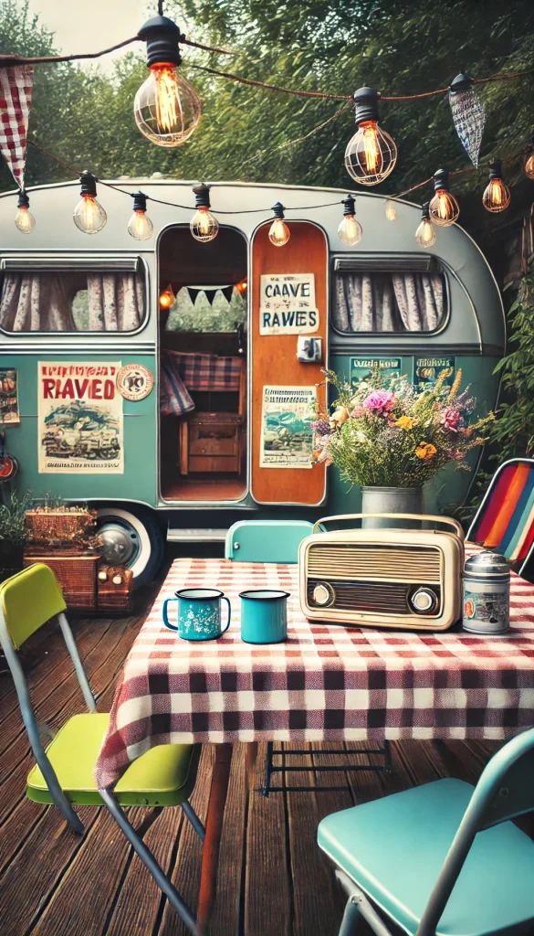 A vintage-themed RV campsite with retro decor, featuring an old-fashioned picnic setup with checkered tablecloth, vintage radio, and enamel camping mugs. The RV has vintage travel posters on the sides, and a string of old-fashioned light bulbs. There’s a small table with a vase of wildflowers and colorful folding chairs. The atmosphere is nostalgic, evoking the charm of classic road trips.