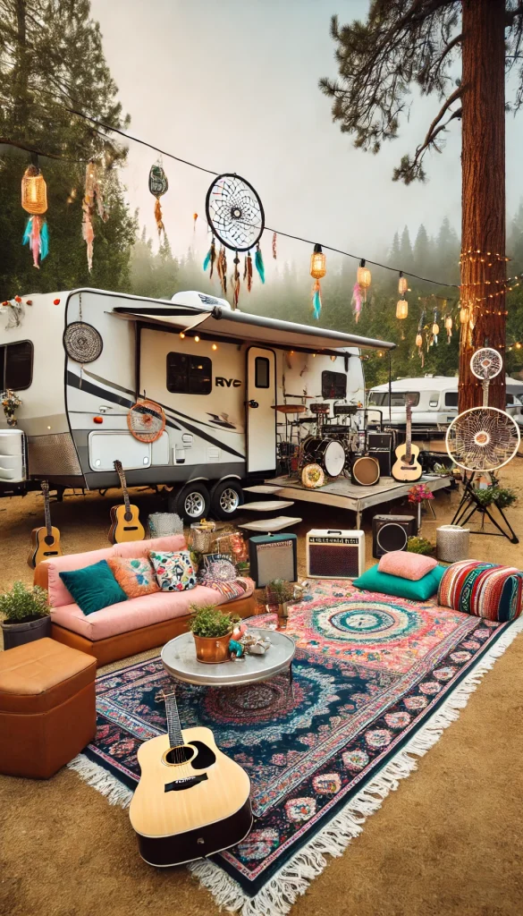 An RV campsite decorated for a music festival vibe, featuring a small stage setup with instruments near the RV. Colorful blankets and outdoor cushions are spread around, with small, eclectic decorations like dreamcatchers and peace signs. String lights and hanging lanterns give the scene a festival feel, and there's a fire pit surrounded by seating. A lively, energetic atmosphere for music lovers.