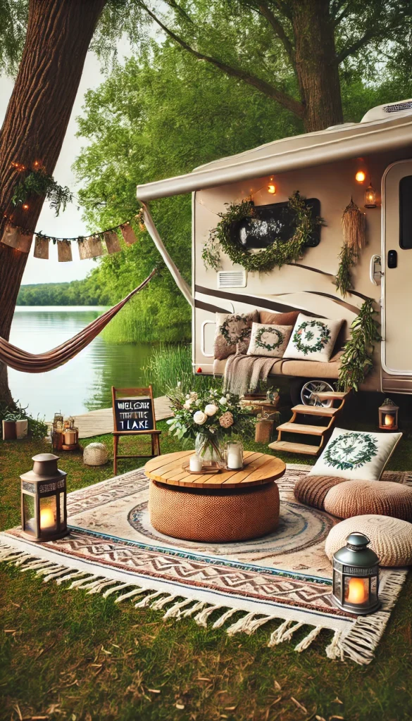 A serene lakeside RV campsite decorated with a nature-inspired theme. There’s a soft woven rug with cushions and a rustic wooden coffee table set up near the lake. The RV has plant garlands and a small 'Welcome to the Lake' sign. Lanterns and candles are scattered around for a cozy feel. A hammock is strung between two trees nearby, adding to the peaceful, natural atmosphere.