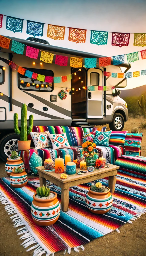 A colorful RV campsite decorated with a fiesta theme. Bright, patterned blankets and pillows are set up around a low table with Mexican pottery and vibrant candles. There are papel picado banners hanging above, adding to the festive vibe. The RV has cactus decor and small potted succulents. The scene feels lively, with a warm sunset glow enhancing the colors.