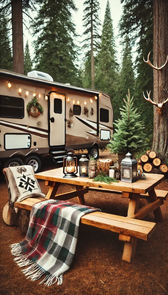 An RV campsite with a rustic cabin vibe, featuring a wooden picnic table with a plaid tablecloth, lanterns, and a small potted pine tree. The RV has wooden decor accents and antler decorations. There’s a cozy fire pit with logs for seating, and a few blankets draped over chairs. Surrounded by forest trees, the setting feels like a peaceful cabin retreat.