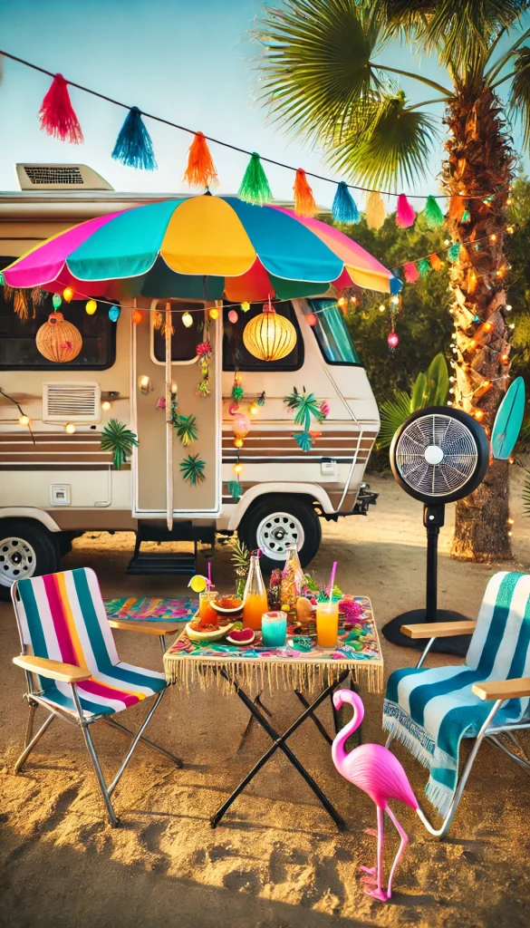 A vibrant RV campsite decorated for a tropical theme, featuring a tiki umbrella over a small table with tropical drinks and fruit. Colorful string lights are hung around, and the RV has palm leaf decor and small flamingo statues. Folding chairs with beach towels are set up near a portable fan and a surfboard. Palm trees and sandy ground add to the beachy atmosphere.
