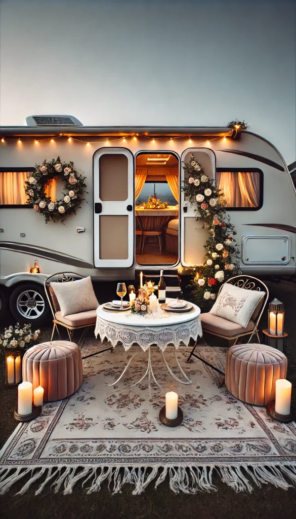An elegant RV campsite decorated with a romantic theme, featuring a small bistro table set for two with candles and wine glasses. The RV has a floral garland around the door, and fairy lights hang above the sitting area. Soft cushions and a large outdoor rug create a comfortable seating area. The setting is intimate and charming, perfect for an evening under the stars.