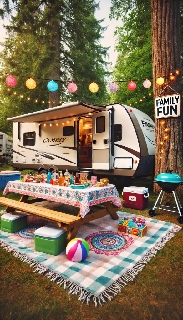 A family-friendly RV campsite with playful decorations, featuring a picnic table covered in a colorful tablecloth with snacks and drinks. Bright outdoor lights and a small banner saying 'Family Fun' hang near the RV door. There’s a large, soft blanket on the ground with toys and games, and a small foldable BBQ grill nearby. Trees around the campsite add shade, creating a cheerful, relaxed vibe.