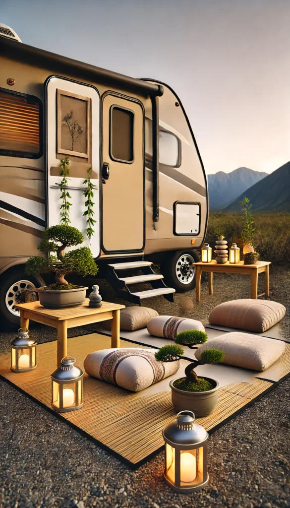 A minimalist RV campsite with a Zen-inspired decor theme. There’s a small bonsai tree on a wooden table, a few meditation cushions on a bamboo mat, and calming, warm lanterns around. The RV has a neutral color scheme with a small plant garland around the door. The scene is peaceful, designed for relaxation, with a beautiful mountain backdrop and soft evening light.