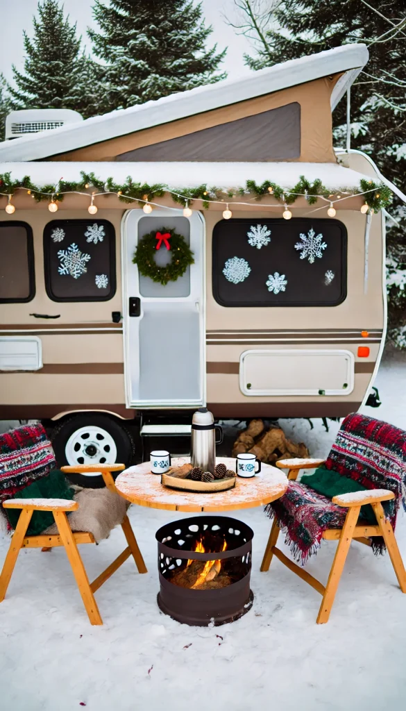 A cozy winter-themed RV campsite setup with a small fire pit surrounded by wooden chairs covered in blankets. The RV is decorated with holiday wreaths and snowflake patterns on the windows. There's a small table with hot chocolate mugs, a thermos, and pinecones. String lights are draped along the awning, creating a warm, festive glow. Snow-covered trees surround the campsite, adding to the winter wonderland feel.