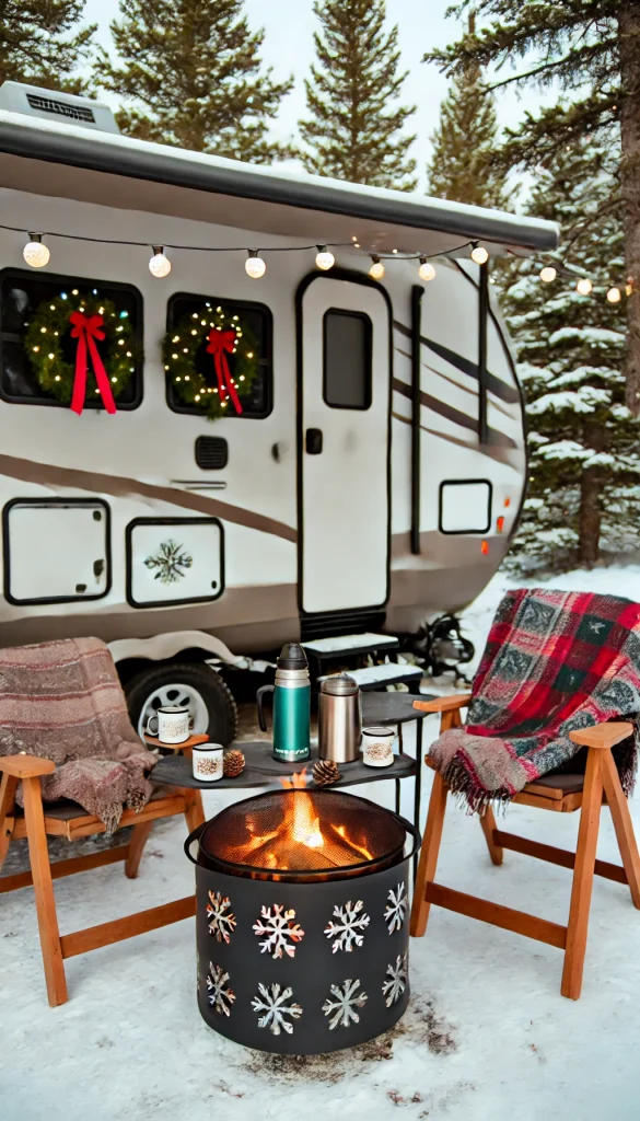 A cozy winter-themed RV campsite setup with a small fire pit surrounded by wooden chairs covered in blankets. The RV is decorated with holiday wreaths and snowflake patterns on the windows. There's a small table with hot chocolate mugs, a thermos, and pinecones. String lights are draped along the awning, creating a warm, festive glow. Snow-covered trees surround the campsite, adding to the winter wonderland feel.
