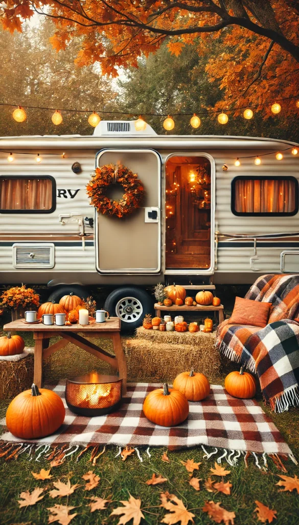 A rustic RV campsite decorated for fall with pumpkins, cozy blankets, and a plaid outdoor rug. The RV has a wreath on the door made of autumn leaves. There's a small wooden table set with mugs of warm drinks and a candle. Hay bales are used as seats around a small fire pit, with more pumpkins scattered around. String lights wrap around nearby trees, creating a warm, festive autumn atmosphere.