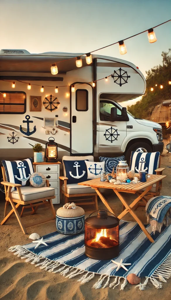 An inviting RV campsite decorated with a nautical theme. The RV is adorned with small anchor decorations and blue-striped outdoor cushions on wooden chairs. A small table with seashells and a lantern adds a seaside touch. There’s a cozy blanket laid out with beach-themed pillows, and a portable mini fire pit for warmth. String lights hang around the RV’s awning, giving a relaxed coastal vibe as the sun sets.