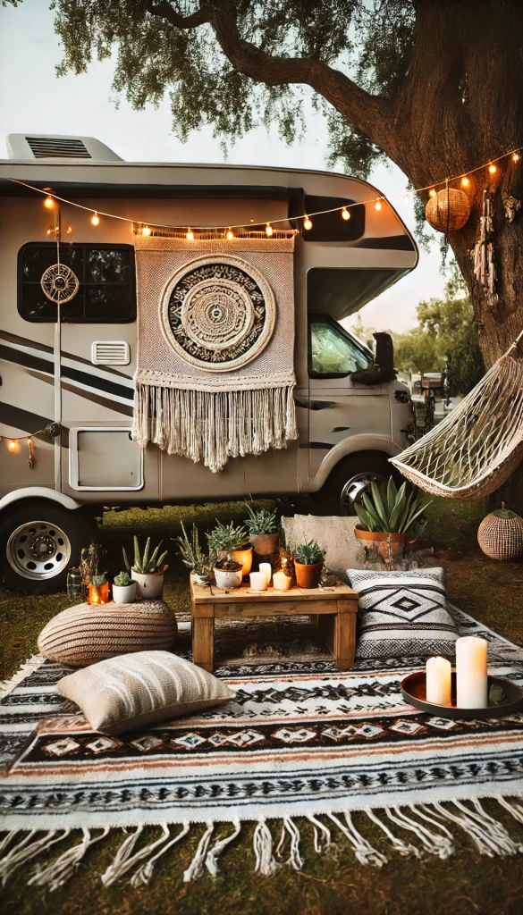A stylish boho-themed RV campsite with a large macrame wall hanging on the side of the RV. The ground is decorated with a patterned blanket, several floor pillows, and a rustic coffee table with candles. Fairy lights are hung along the RV, and there’s a hammock between two nearby trees. Potted succulents and cacti add a touch of greenery, and the scene feels peaceful and inviting, perfect for a relaxed evening gathering.