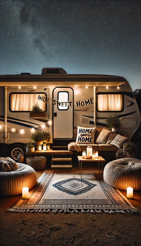 An RV campsite decorated for a cozy evening. The RV has soft lighting inside, visible through the window, with a 'Home Sweet Home' sign on the door. Outside, there’s a woven rug, a low coffee table with candles, and a couple of bean bags or poufs for seating. String lights form an archway, and a few decorative plants in pots give the setup a homely vibe. The night is calm, with stars in the sky, creating a tranquil and inviting ambiance.