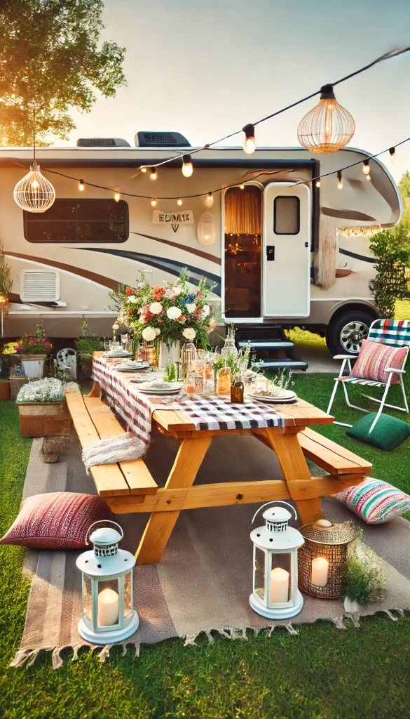 A beautifully decorated RV campsite featuring a stylish picnic setup. A wooden picnic table with a plaid tablecloth and wildflower centerpieces. Outdoor lanterns and string lights are draped around, creating a soft glow. The RV is adorned with a small welcome sign and potted plants. Colorful outdoor pillows and blankets are placed on chairs, and there’s a small open space with outdoor games. A relaxed and cheerful atmosphere in the afternoon light.
