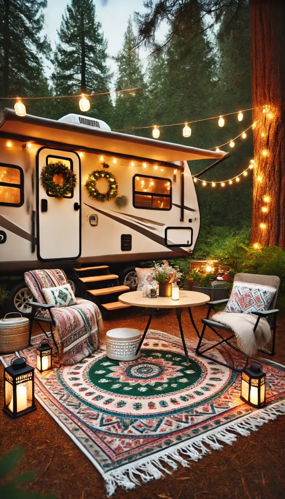 A cozy RV campsite decorated with string lights hanging from trees, a patterned outdoor rug under a small table, and comfortable folding chairs with blankets and pillows. The RV has decorative wreaths on the doors, and there's a small portable fire pit nearby. Lush greenery surrounds the site, and lanterns are placed on the ground for ambient lighting. Evening setting with a warm and inviting atmosphere.