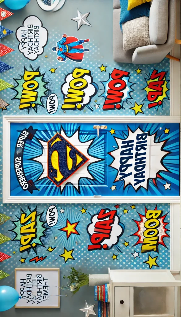 A door decorated for a 'superhero' birthday theme, with a large cutout of a superhero emblem at the center. Around the door, there are comic-style speech bubbles saying 'Pow!', 'Zap!', and 'Boom!' in bright colors. The 'Happy Birthday' banner is styled like a comic book header. The door has a blue background with stars and lightning bolts, creating a dynamic and energetic superhero look, ideal for a birthday celebration. Vertical image showing the entire door.