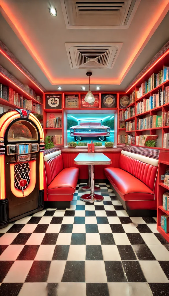 A retro 1950s diner-themed book nook, featuring a classic red vinyl booth, a jukebox, and chrome accents. The nook has a fun, nostalgic atmosphere with vintage books, diner-style chairs, and checkered floors. Neon lights and a small counter with milkshakes and snacks complete the vibrant and playful design, offering a quirky space for reading.